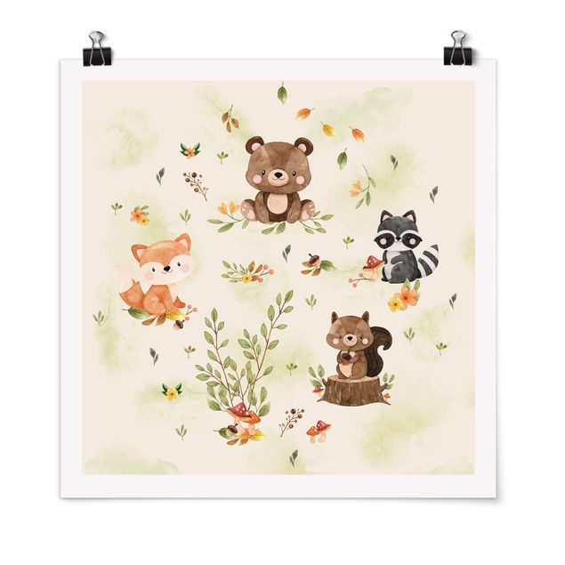 Poster Natur Waldtiere Herbst Fuchs Bär Eichhörnchen Waschbär