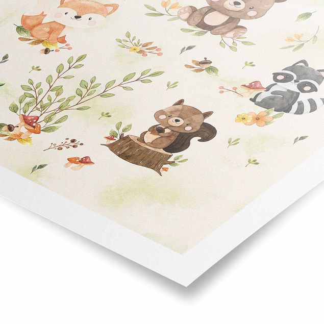 Waldtiere Herbst Fuchs Bär Eichhörnchen Waschbär Poster als Quadrat |  Bilderwelten