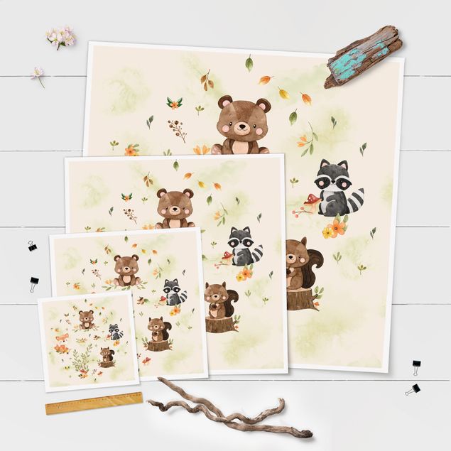 Waldtiere Herbst Fuchs Bär Eichhörnchen Waschbär Poster als Quadrat |  Bilderwelten