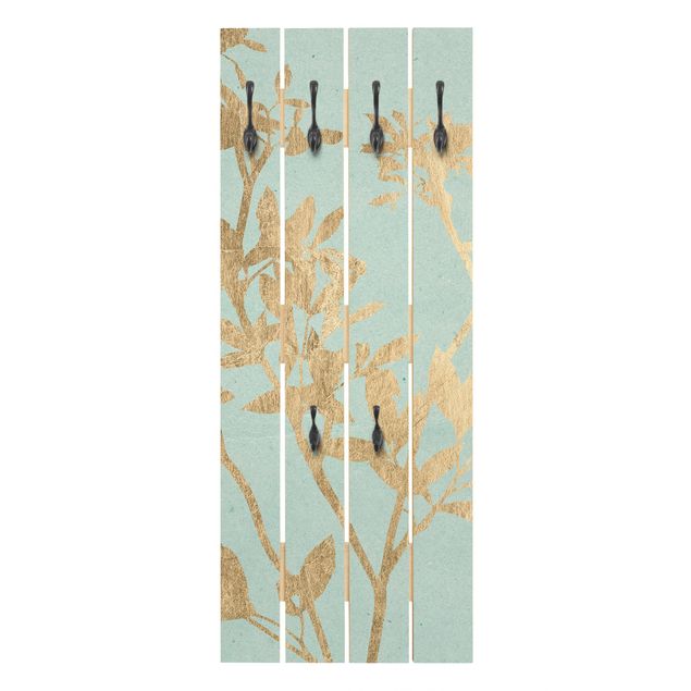 Wandgarderobe Holz - Goldene Blätter auf Turquoise II