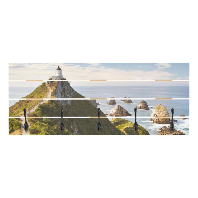 Wandgarderobe Holz - Nugget Point Leuchtturm und Meer Neuseeland