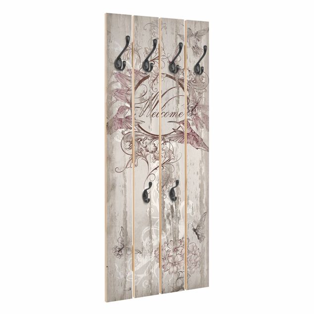 Wandgarderobe Holz - Welcome with Butterfly