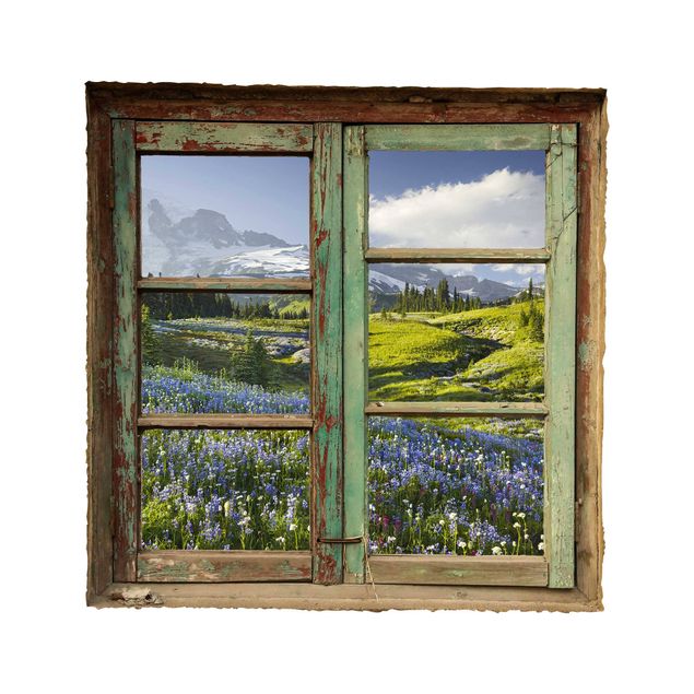 3D Wandtattoo Fensterblick Bergwiese mit Blumen vor Mt. Rainier