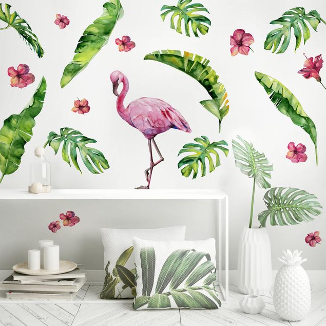 Wandsticker Tiere Dschungel Flamingo Blätter Set