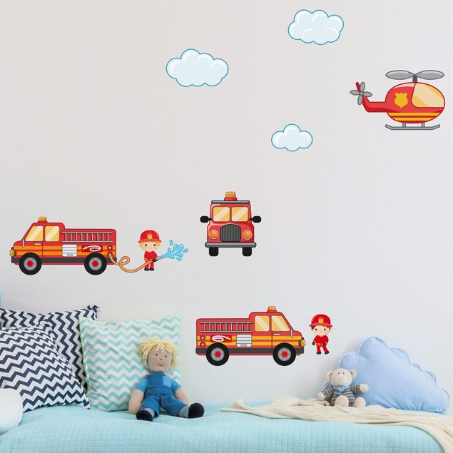 Wandtattoo Kinderzimmer Feuerwehr-Set mit Fahrzeugen