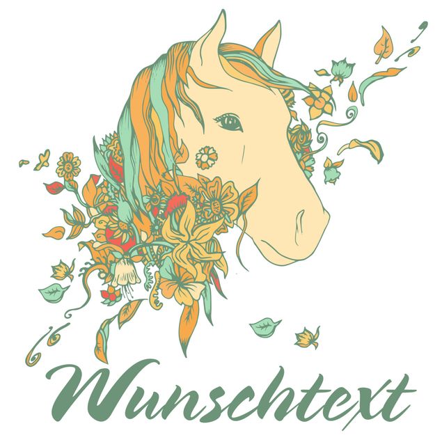 Wandaufkleber Wunschtext Blumen Pferd mit Wunschname