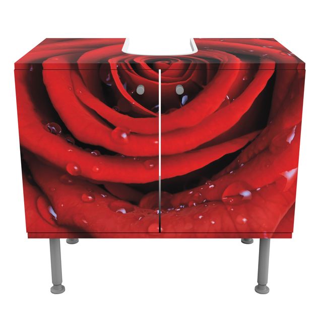 Rosen Waschbeckenunterschrank - Rote Rose mit Wassertropfen - Blumenbild Badschrank Rot