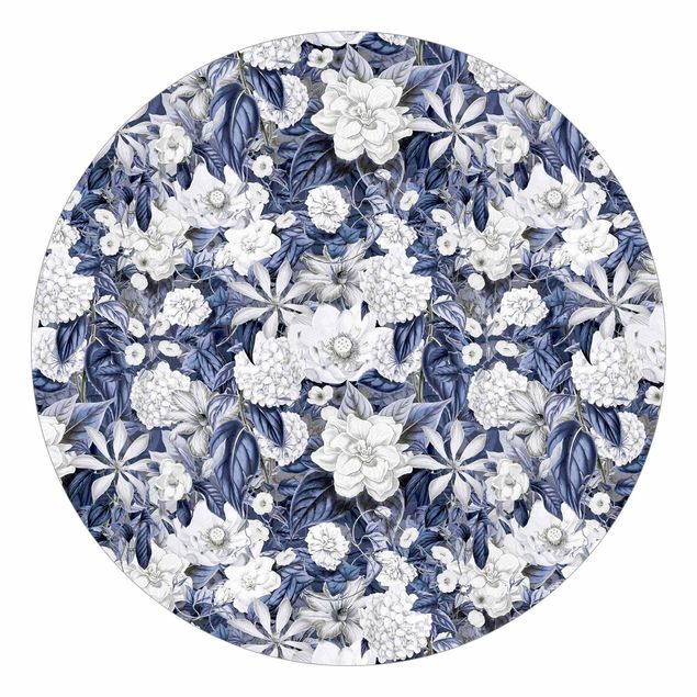 Mustertapete Weiße Blumen vor Blau