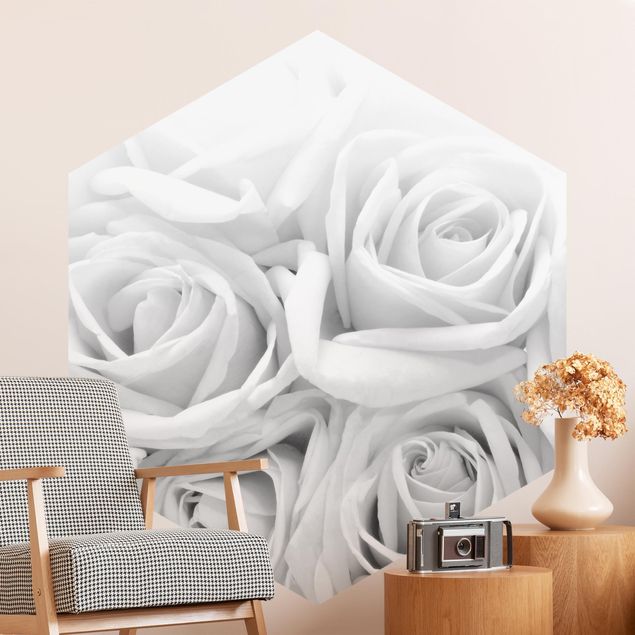 Romantische Schlafzimmer Tapete Weiße Rosen Schwarz-Weiß