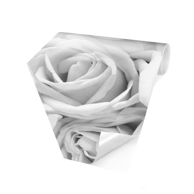 Hexagon Tapete Weiße Rosen Schwarz-Weiß