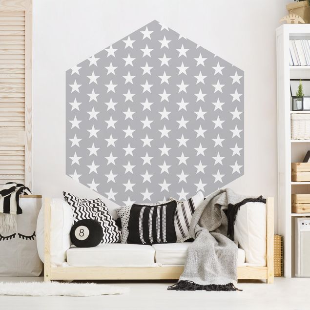 Hexagon Tapete Weiße Sterne auf grauem Hintergrund