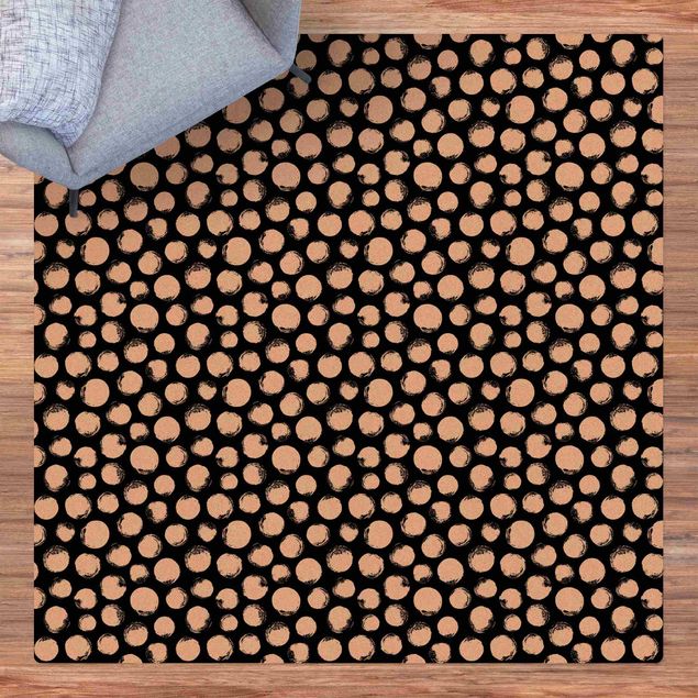 Kork-Teppich - Weiße Tusche Polkadots auf Schwarz - Quadrat 1:1