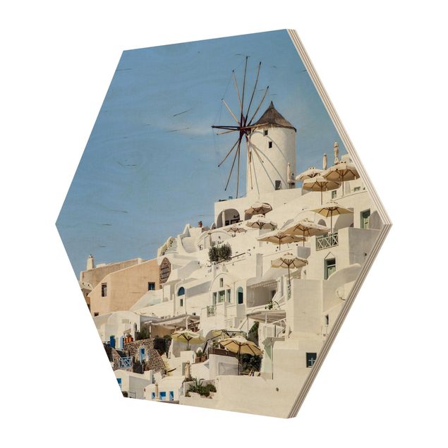 Hexagon Bild Holz - Weißes Griechenland