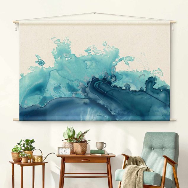 Moderne Wandteppiche Welle Aquarell Blau I