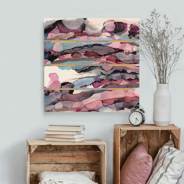 Holzbilder modern Wellenreiten in Violett mit Roségold