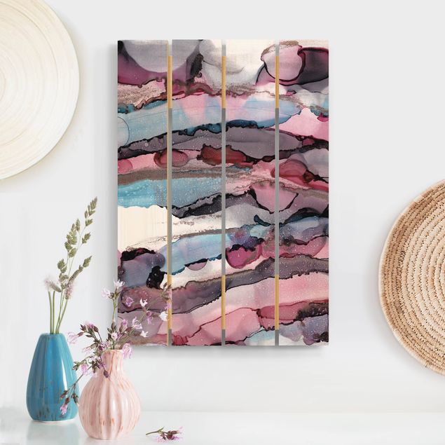 Moderne Holzbilder Wellenreiten in Violett mit Roségold