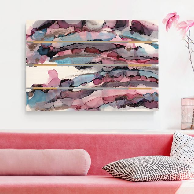 Moderne Holzbilder Wellenreiten in Violett mit Roségold