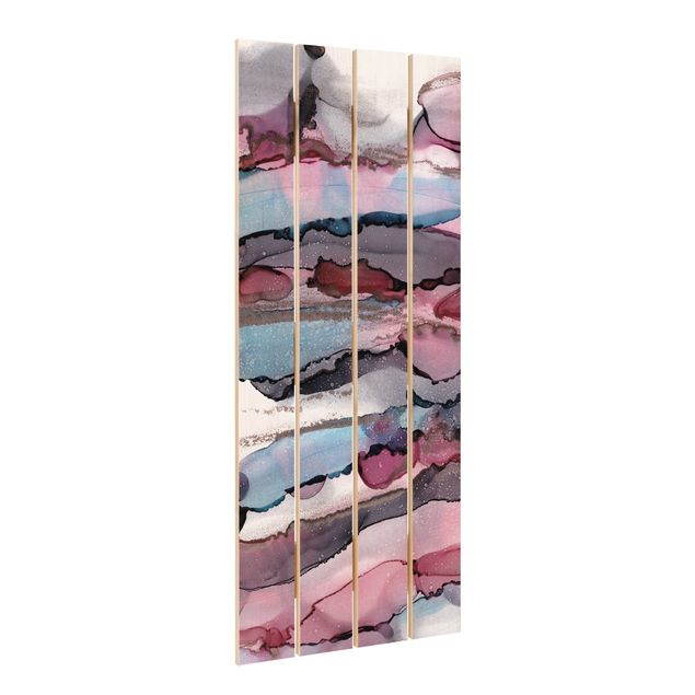 Holzbild - Wellenreiten in Violett mit Roségold - Hochformat