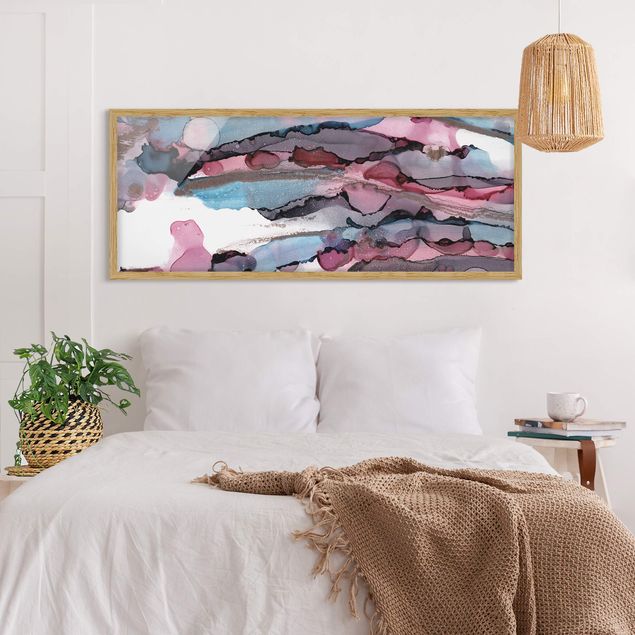 Gerahmte Kunstdrucke Wellenreiten in Violett mit Roségold