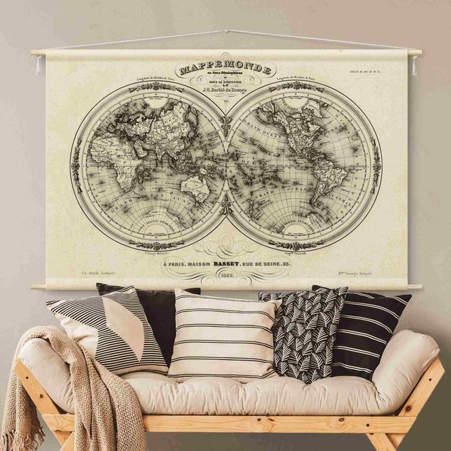 Wandteppich modern Weltkarte - Französische Karte der Hemissphären von 1848