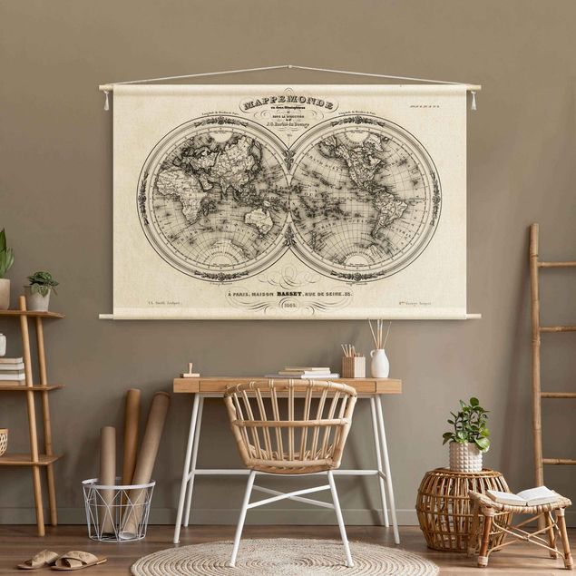 Wandtuch XXL Weltkarte - Französische Karte der Hemissphären von 1848