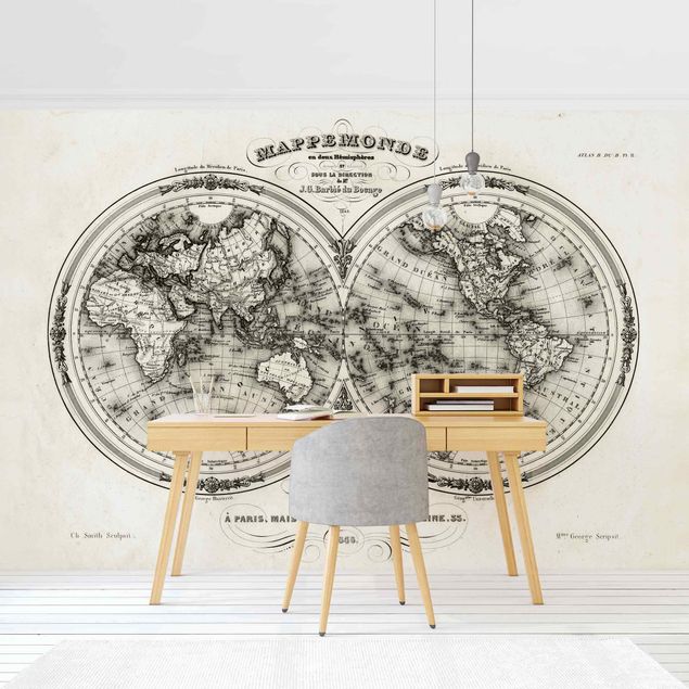 Fototapete Design Weltkarte - Französische Karte der Hemissphären von 1848