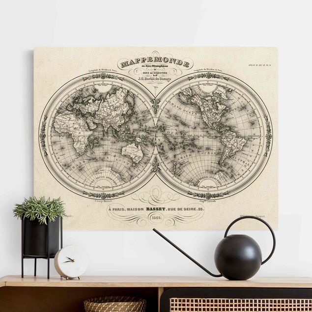 Leinwand Bilder XXL Weltkarte - Französische Karte der Hemissphären von 1848