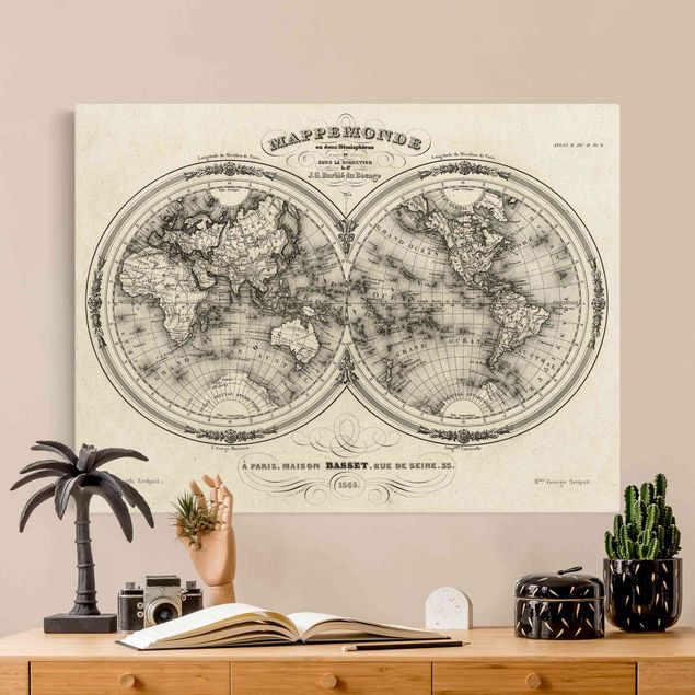Retro Wandbilder Weltkarte - Französische Karte der Hemissphären von 1848