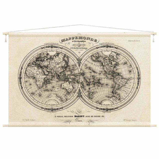 Wandteppich Vintage Weltkarte - Französische Karte der Hemissphären von 1848