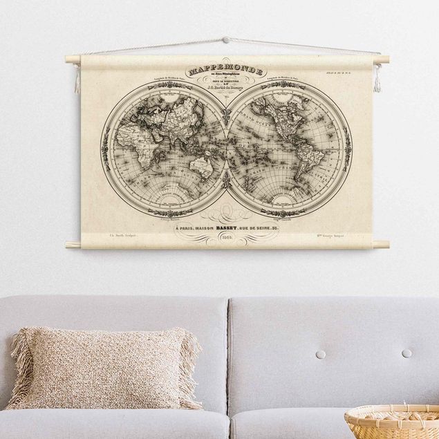 Wandbehang Weltkarte - Französische Karte der Hemissphären von 1848