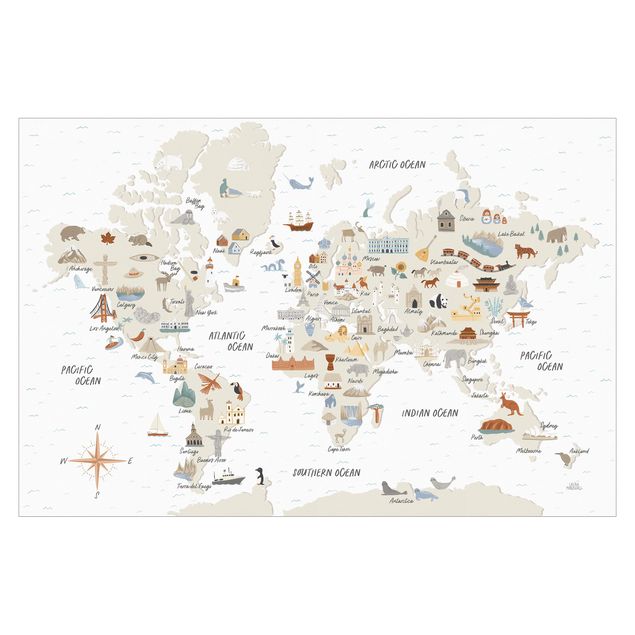 Fototapete Weltkarte mit Sehenswürdigkeiten