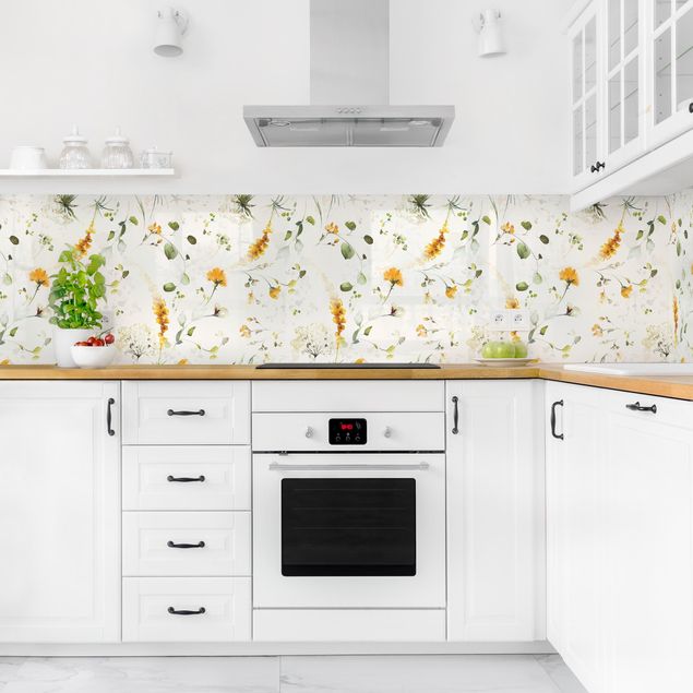Küchenrückwand Glas Motiv Blumen Wildblumen Aquarell Muster auf Beige
