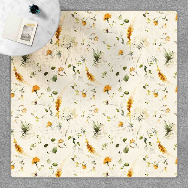 Teppich beige Wildblumen Aquarell Muster auf Beige