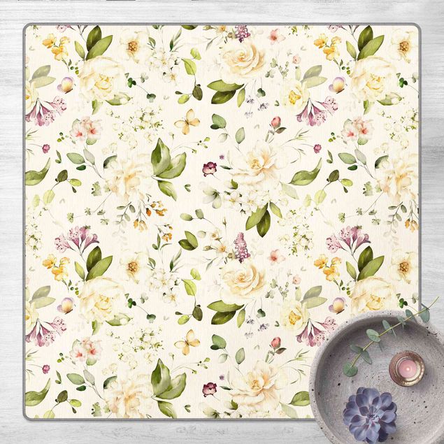 Moderne Teppiche Wildblumen und Weiße Rosen Aquarell Muster