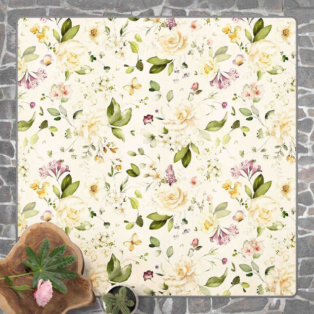 Teppich weiß Wildblumen und Weiße Rosen Aquarell Muster