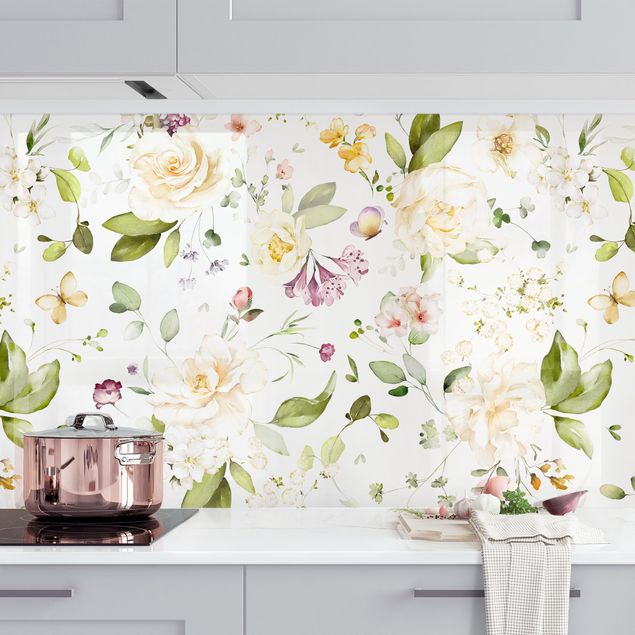 Küchenrückwände Platte Wildblumen und Weiße Rosen Aquarell Muster