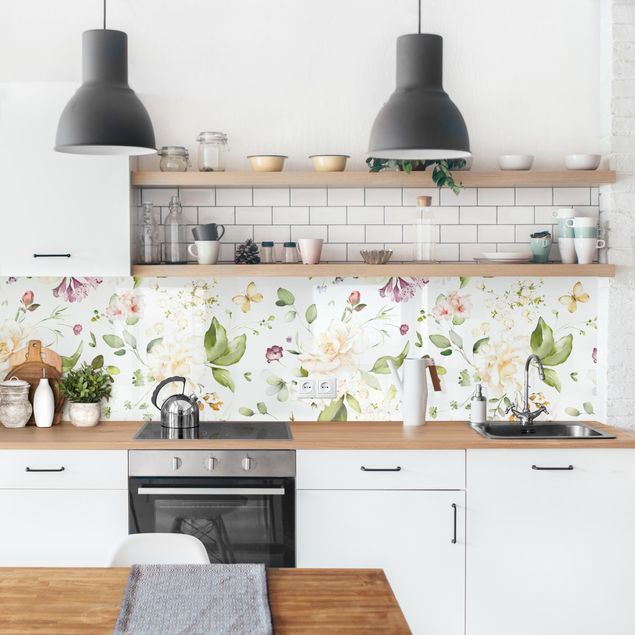 Küchenrückwand Blumen Wildblumen und Weiße Rosen Aquarell Muster