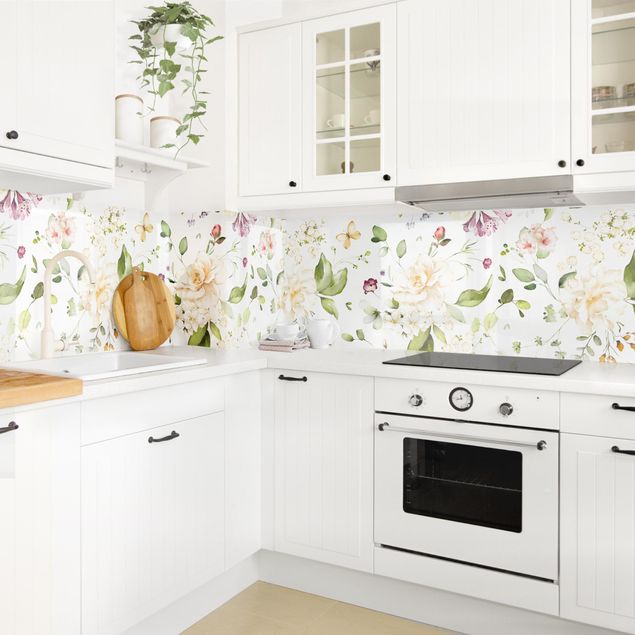 Küchenrückwand Glas Blumen Wildblumen und Weiße Rosen Aquarell Muster