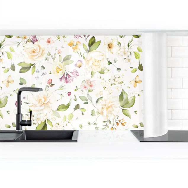 Küchenrückwand Tiere Wildblumen und Weiße Rosen Aquarell Muster