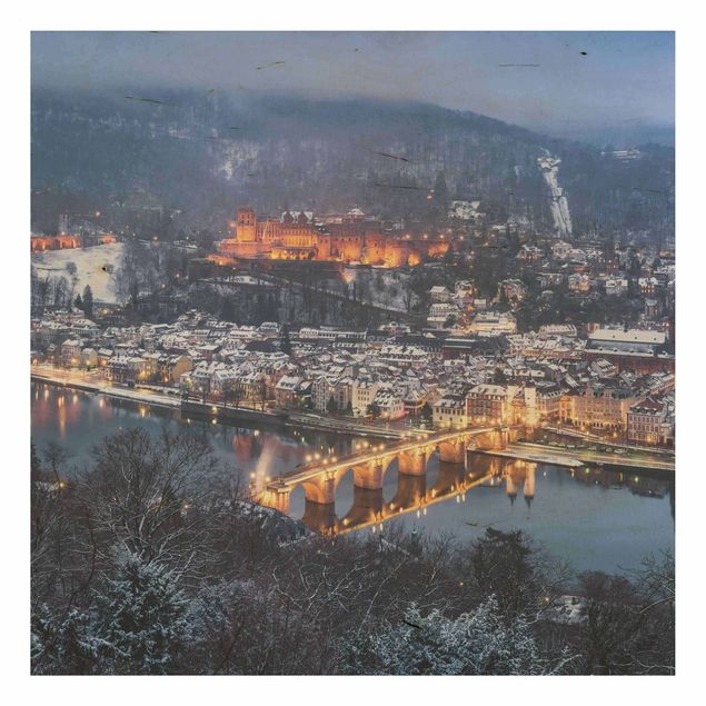Holzbild Skyline Winterliches Heidelberg