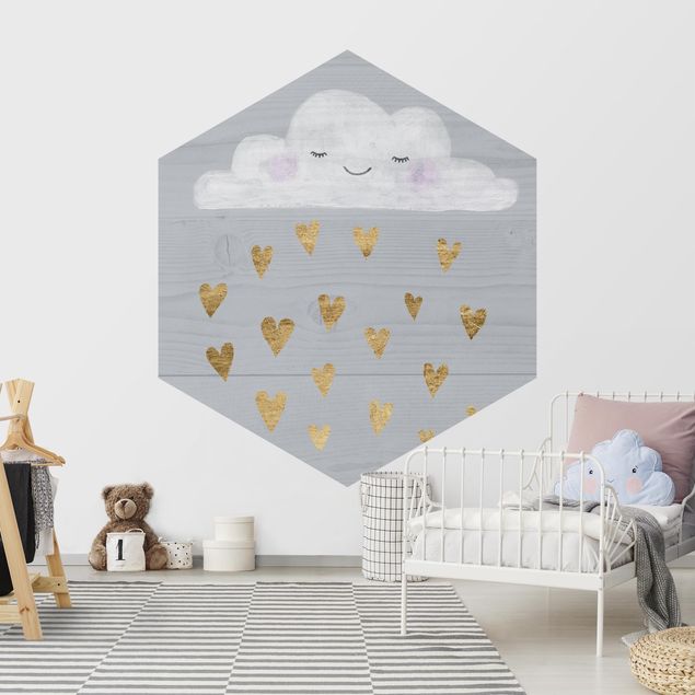 Hexagon Tapete Wolke mit goldenen Herzen