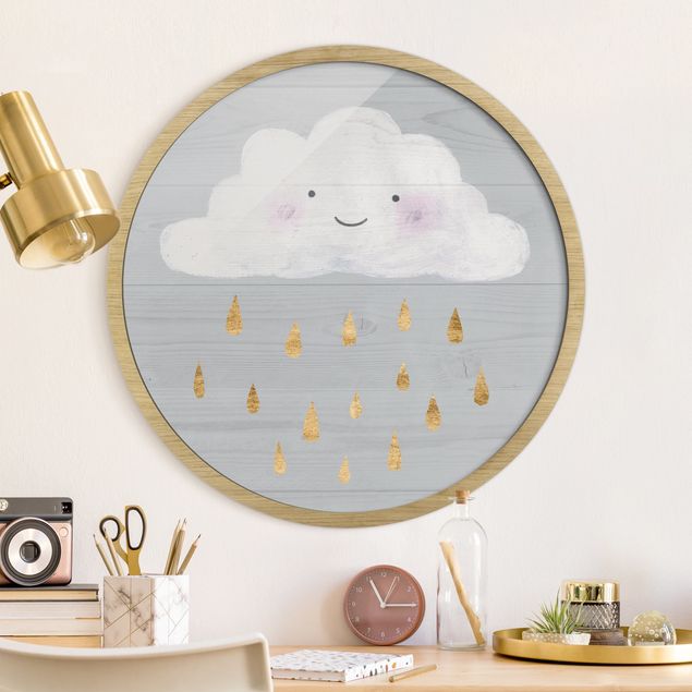Wandbild rund Wolke mit goldenen Regentropfen