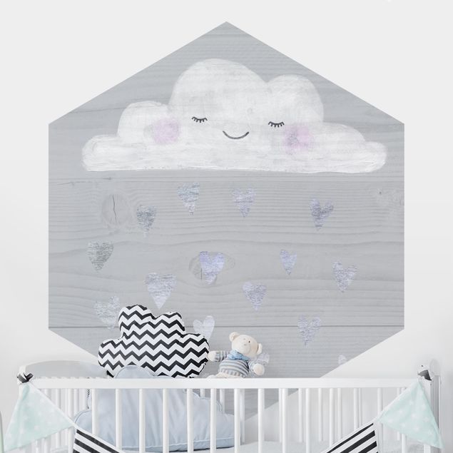 Romantische Schlafzimmer Tapete Wolke mit silbernen Herzen