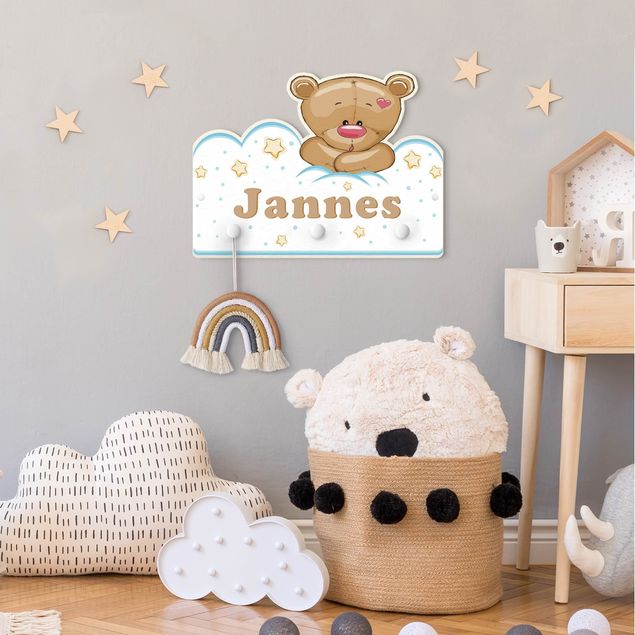 Wandgarderobe mit Tieren Kinderzimmer Wolken Teddy mit Wunschnamen
