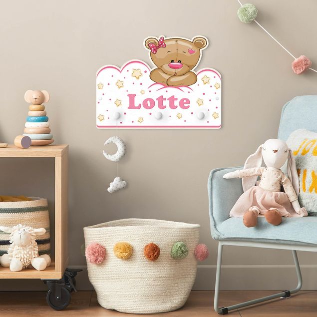 Wandgarderobe mit Tieren Kinderzimmer Wolken Teddy rosa mit Wunschnamen