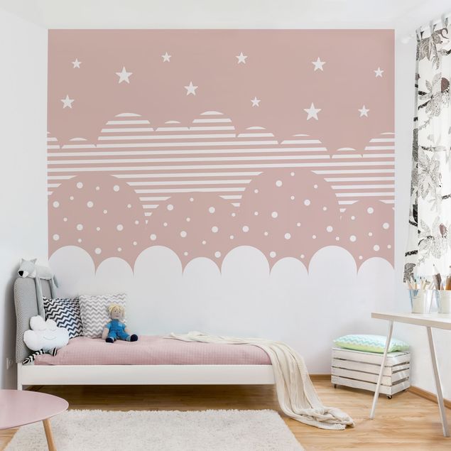 Wandtapete Design Wolken und Sterne - rosa