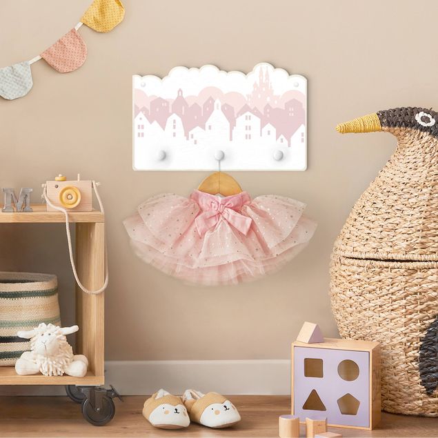 Kinderzimmer Wandgarderobe weiß  Wolkenschloss in rosa