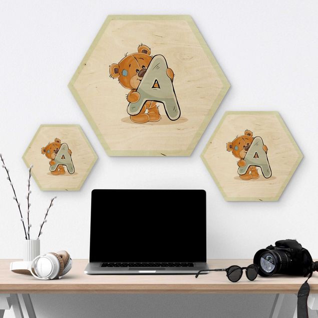 Hexagon-Holzbild - Wunschbuchstabe Teddy Junge