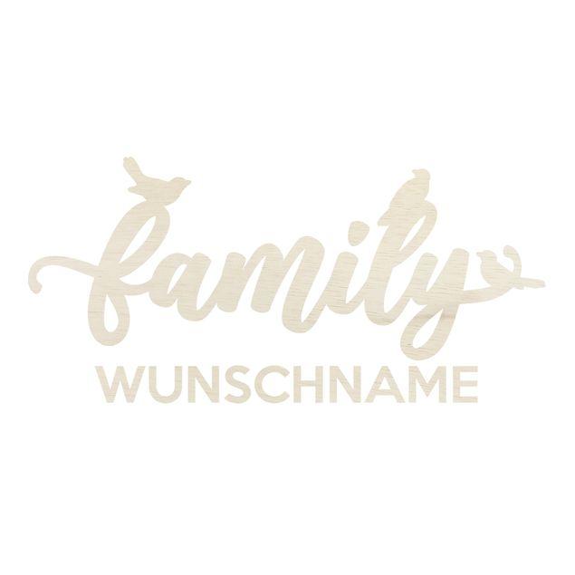 Wanddeko Holz 3D-Schriftzug - Wunschtext Family mit Spatzen