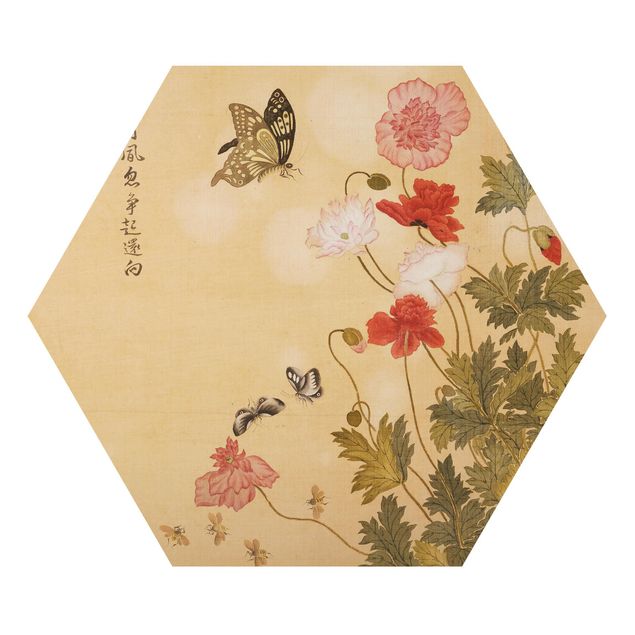 Hexagon-Alu-Dibond Bild - Yuanyu Ma - Mohnblumen und Schmetterlinge